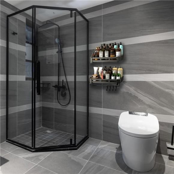 Black Shower Caddy Shelf Organizer, Bathroom Organizers, 2 Pack with 8 hooks - Picture 8 of 8